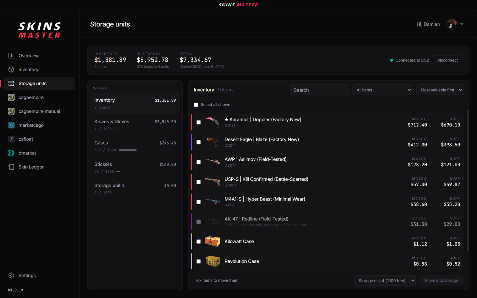 The Storage units page listing four units, how full each is, and the value of the inventory and each unit